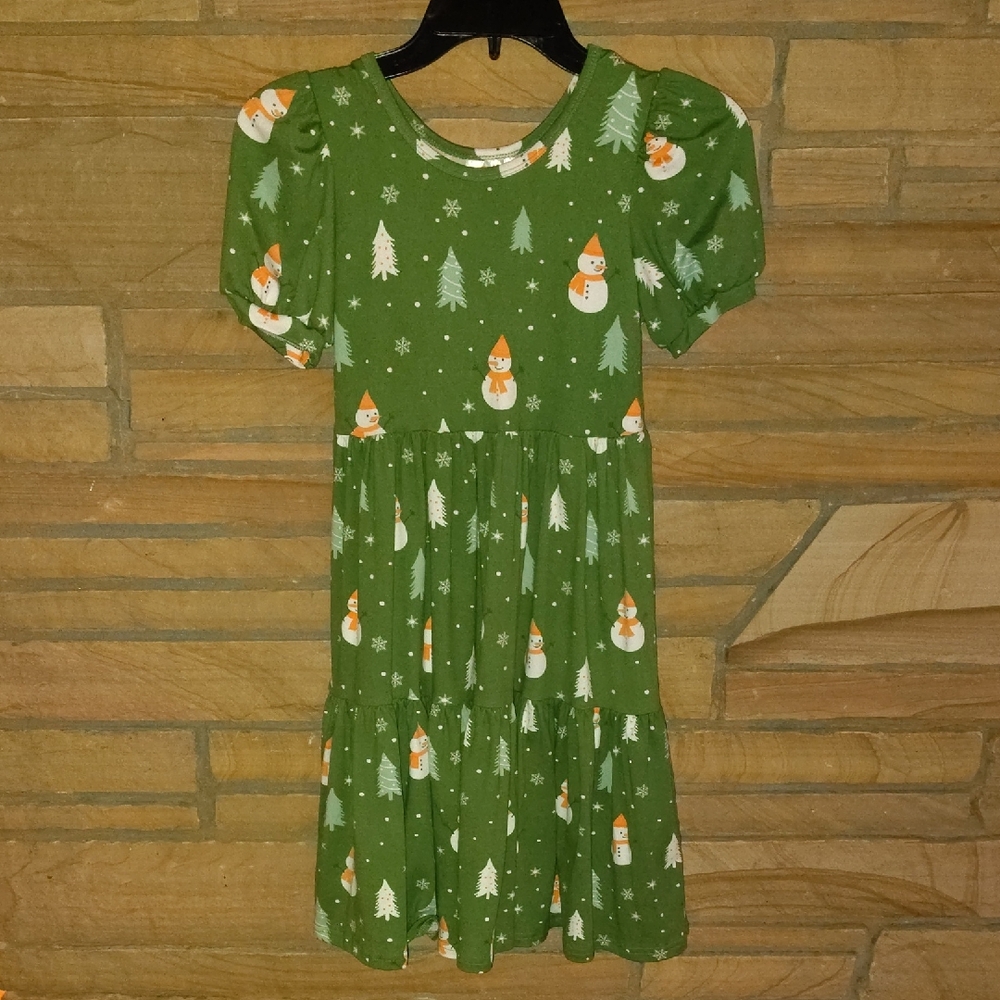 Dot Dot Smile Green Dress with Snowman and Tree Print
